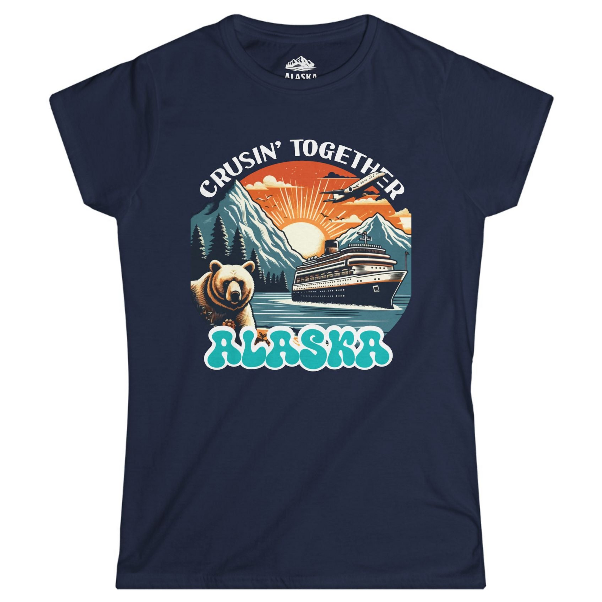 Alaska Cruise Shirt - Retro Bear and Ship Vintage Travel Illustration Ladies T-Shirt – Navy – Alaska Cruise Shirts