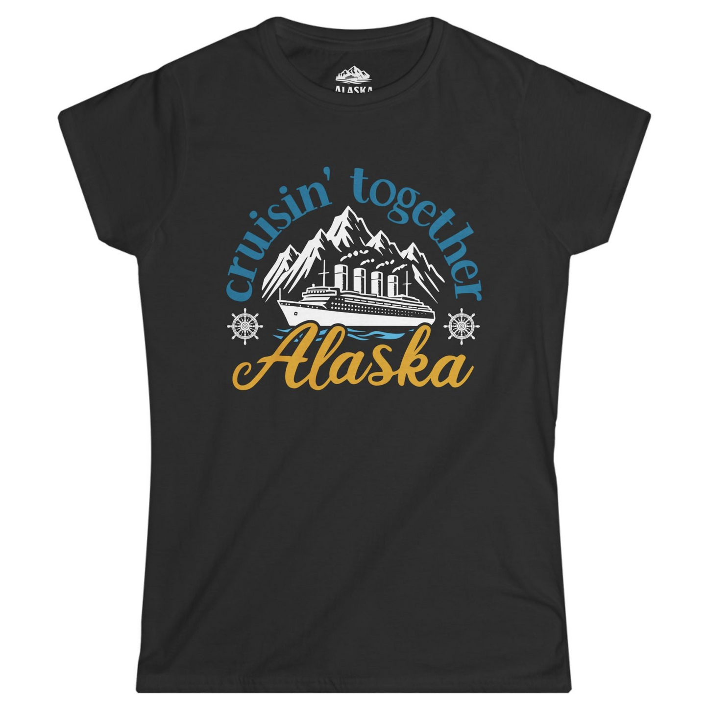 Alaska Cruise Adventure Shirt - Retro Mountains and Ship Graphic Tee Ladies T-Shirt – Black – Alaska Cruise Shirts