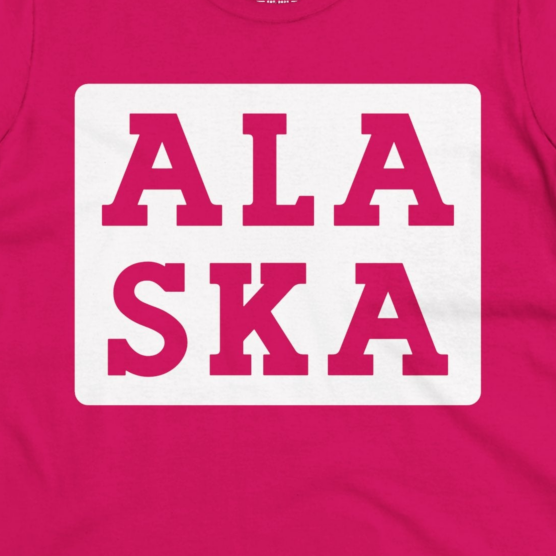 Bold Alaska Block Text Shirt Ladies T-Shirt – Heliconia – Alaska Cruise Shirts Close Up