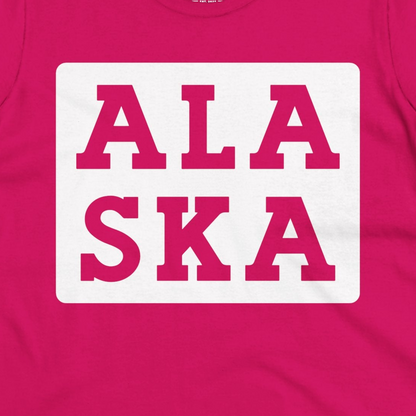 Bold Alaska Block Text Shirt Ladies T-Shirt – Heliconia – Alaska Cruise Shirts Close Up
