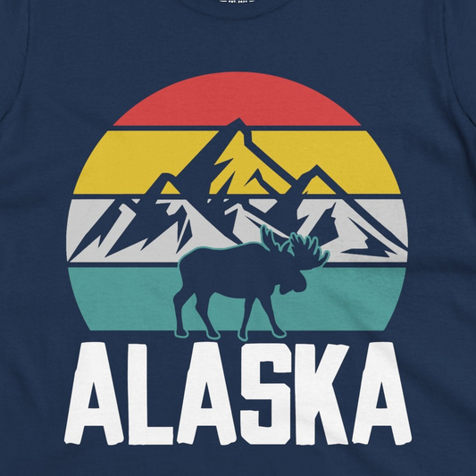 Retro Alaska Moose Silhouette Shirt Ladies T-Shirt – Navy – Alaska Cruise Shirts Close Up