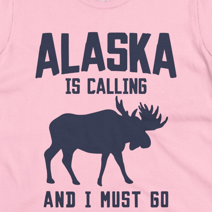 Alaska Is Calling Moose Silhouette Shirt Ladies T-Shirt – Light Pink – Alaska Cruise Shirts Close Up