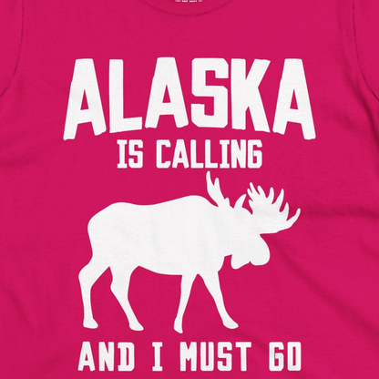 Alaska Is Calling Moose Silhouette Shirt Ladies T-Shirt – Heliconia – Alaska Cruise Shirts Close Up