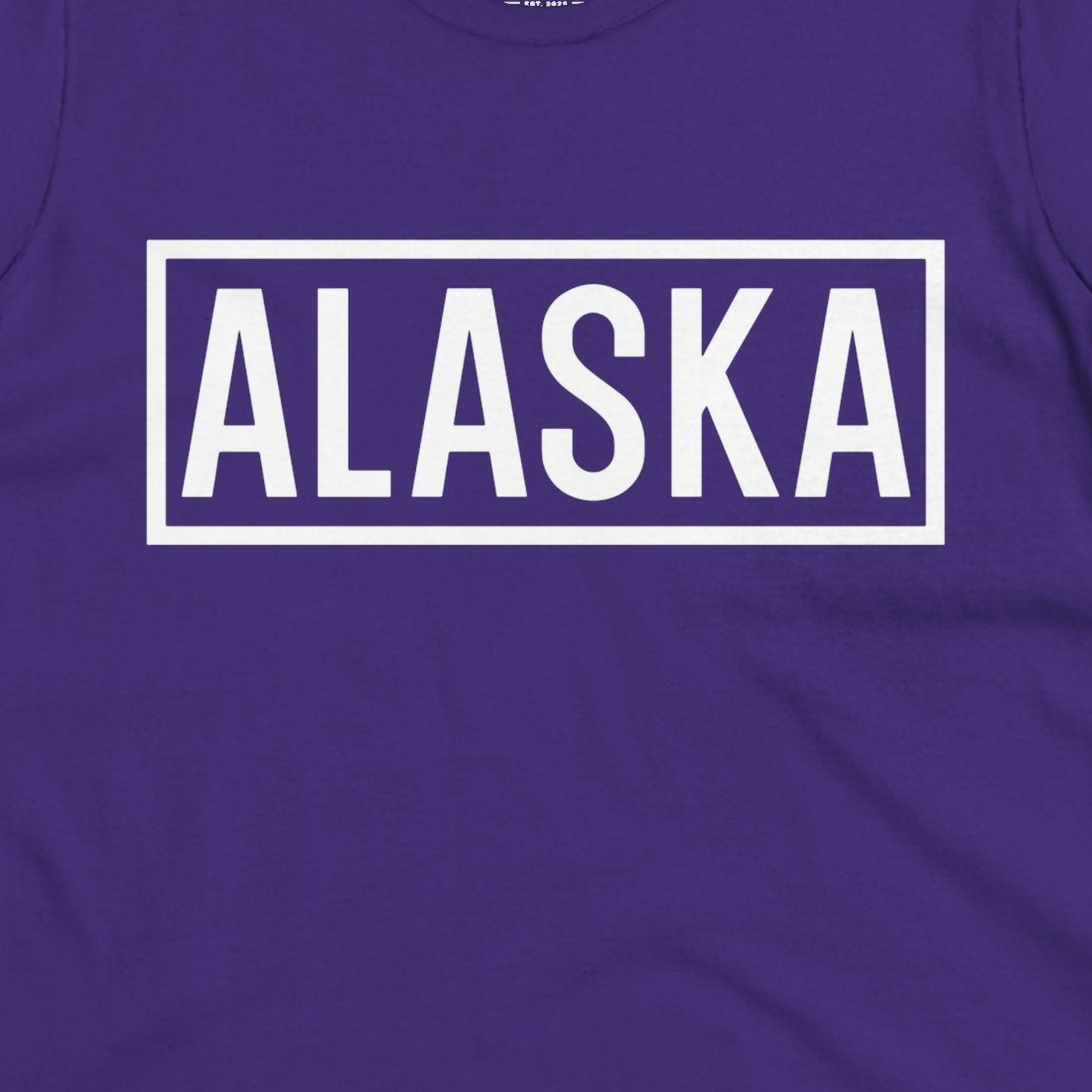 Alaska Bold Text Minimalist Monochrome Graphic Shirt for Travelers — Ladies Tee Ladies T-Shirt – Purple – Alaska Cruise Shirts Close Up