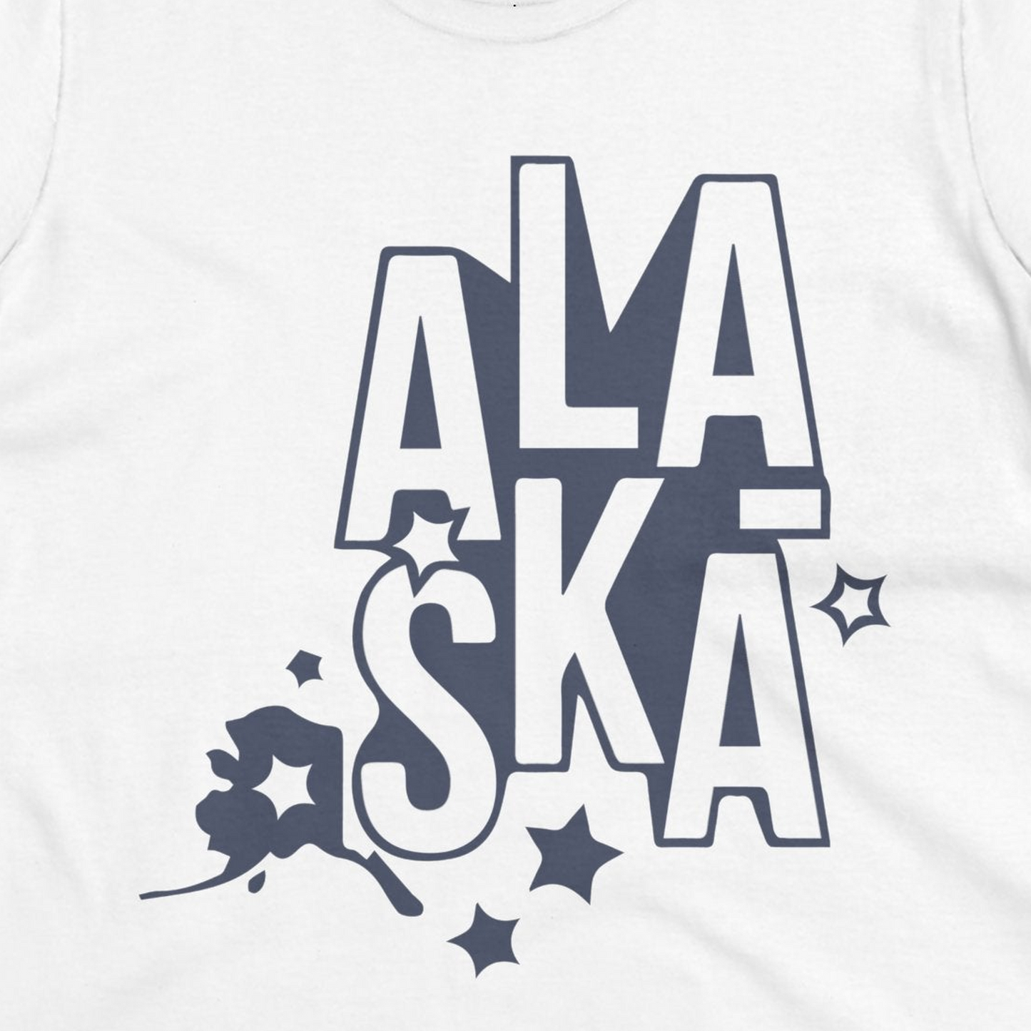 Alaska Stars Bold Typography Shirt Ladies T-Shirt – White – Alaska Cruise Shirts Close Up