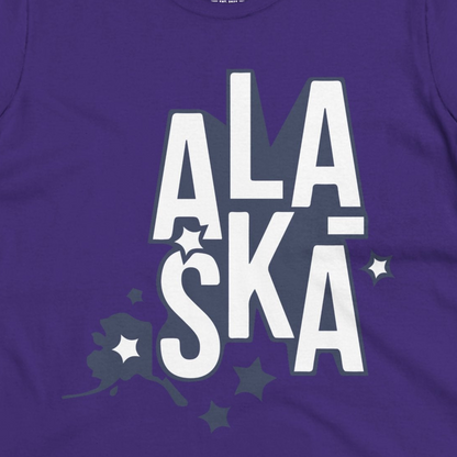 Alaska Stars Bold Typography Shirt Ladies T-Shirt – Purple – Alaska Cruise Shirts Close Up