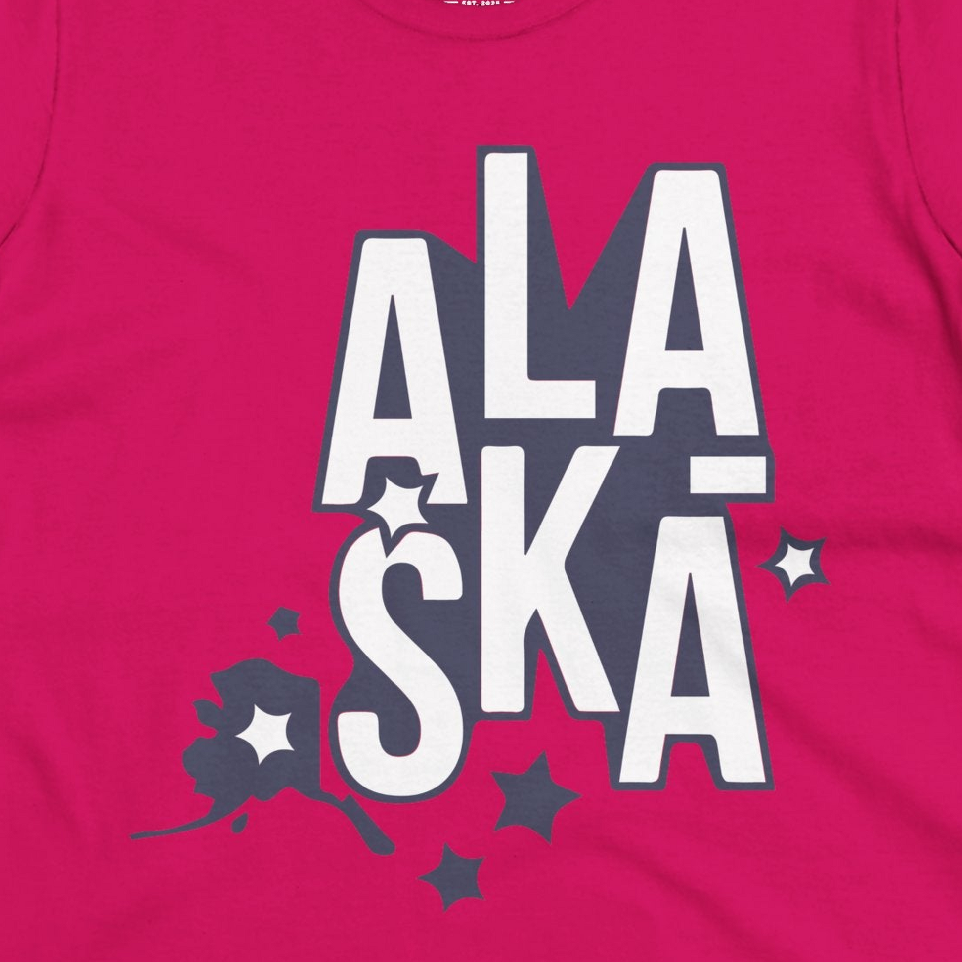 Alaska Stars Bold Typography Shirt Ladies T-Shirt – Heliconia – Alaska Cruise Shirts Close Up