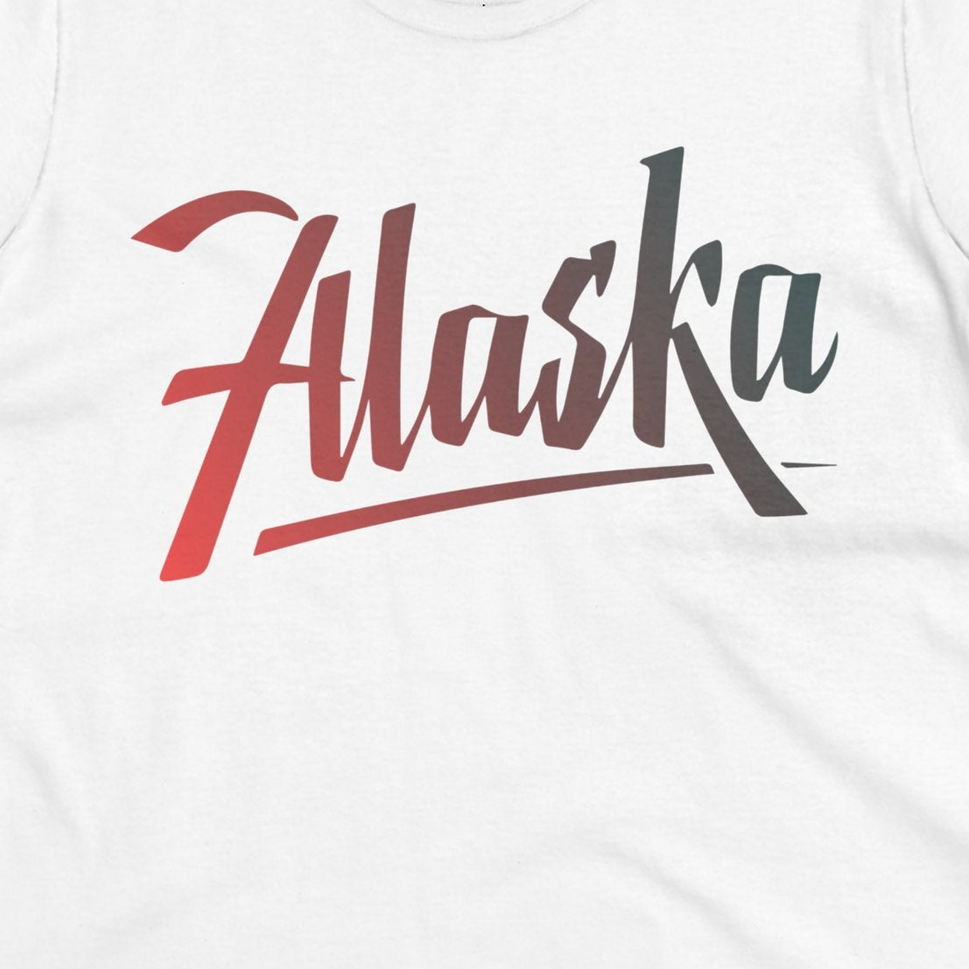 Alaska Script Wordmark Shirt Ladies T-Shirt – White – Alaska Cruise Shirts Close Up