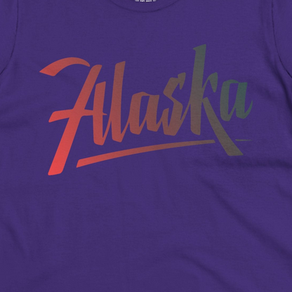 Alaska Script Wordmark Shirt Ladies T-Shirt – Purple – Alaska Cruise Shirts Close Up