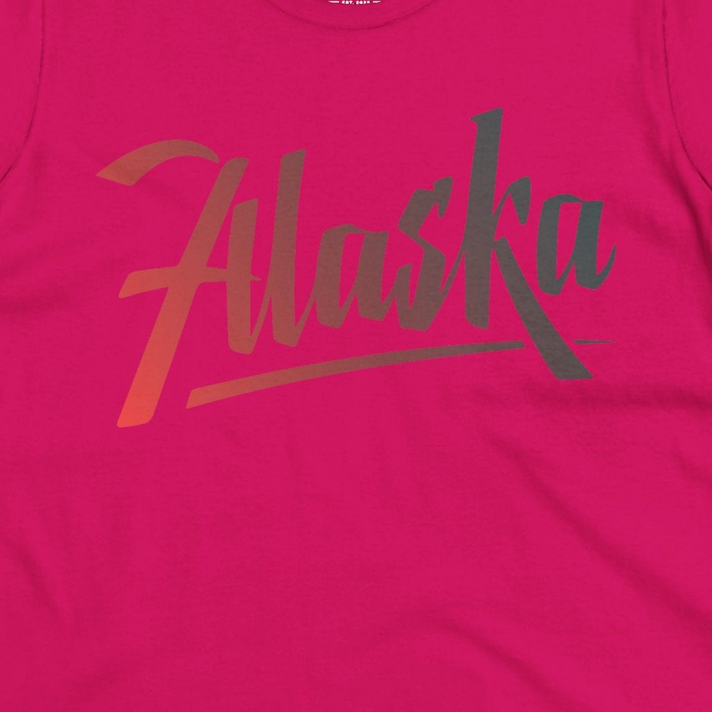 Alaska Script Wordmark Shirt Ladies T-Shirt – Heliconia – Alaska Cruise Shirts Close Up