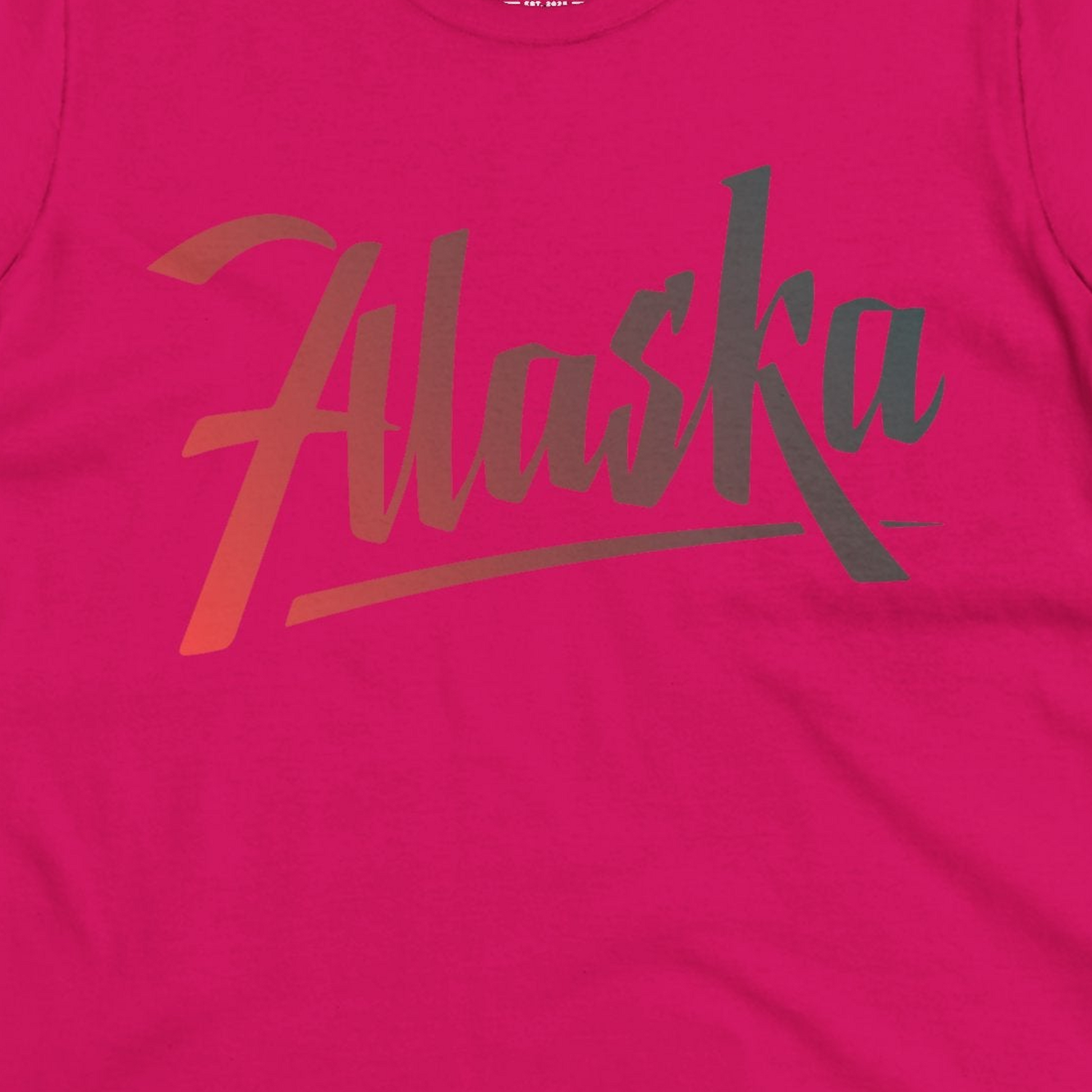 Alaska Script Wordmark Shirt Ladies T-Shirt – Heliconia – Alaska Cruise Shirts Close Up