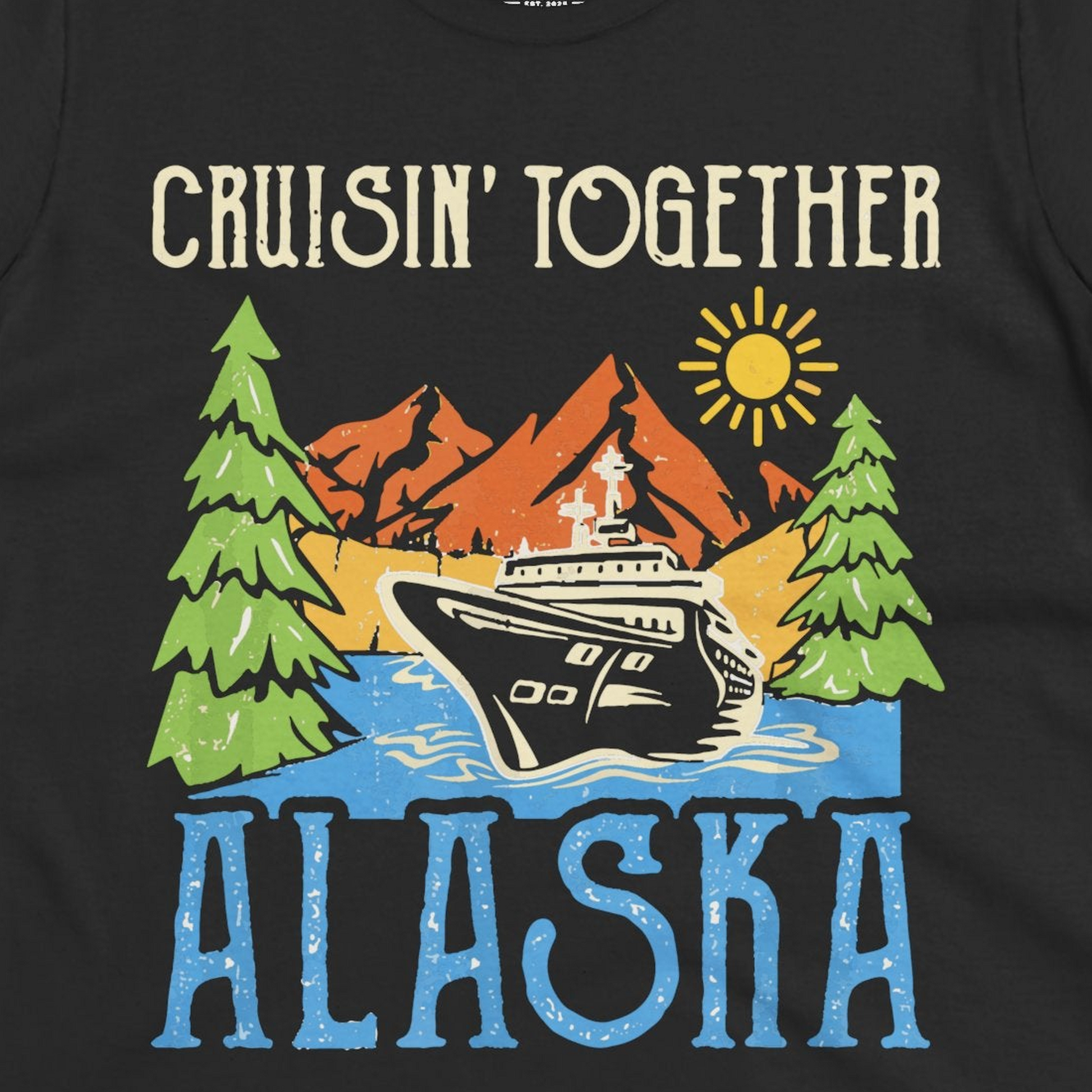 Alaska Cruise Adventure Nature Landscape Retro Family Shirt — Ladies Tee Ladies T-Shirt – Black – Alaska Cruise Shirts Close Up