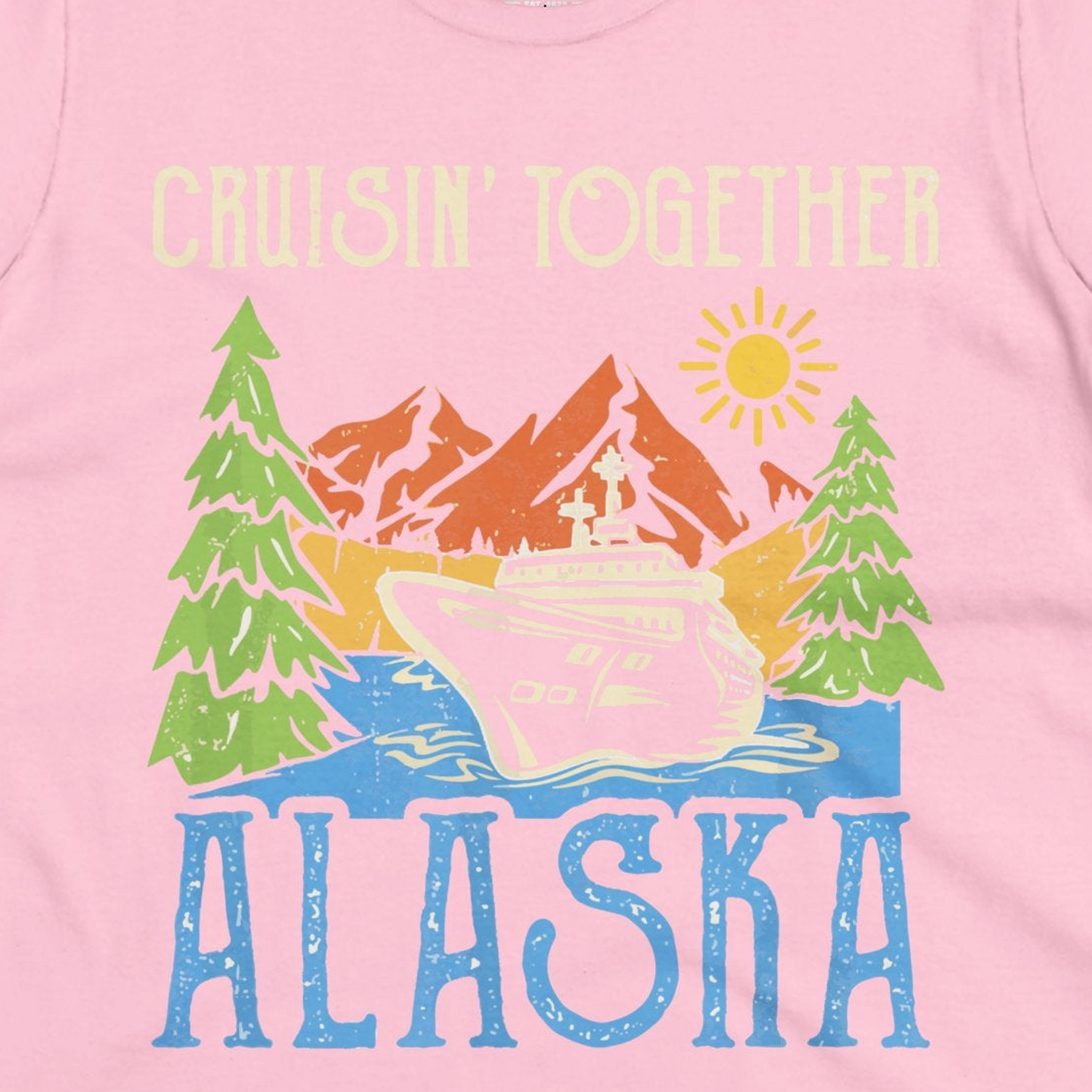 Alaska Cruise Adventure Nature Landscape Retro Family Shirt — Ladies Tee Ladies T-Shirt – Light Pink – Alaska Cruise Shirts Close Up