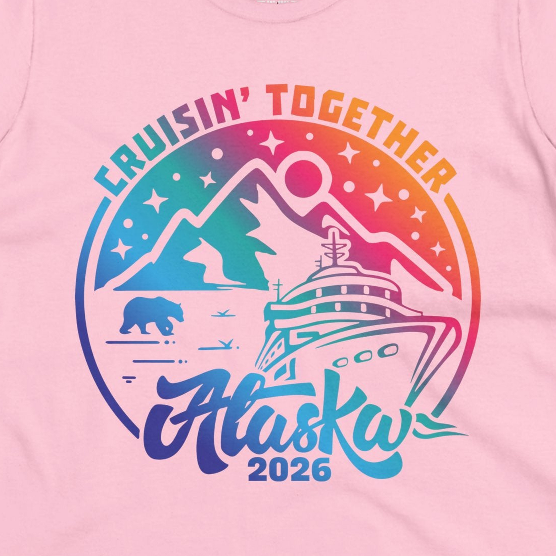 Alaska Cruise Adventure Mountains Wildlife Retro Family Group Shirt 2026 — Ladies Tee Ladies T-Shirt – Light Pink – Alaska Cruise Shirts Close Up