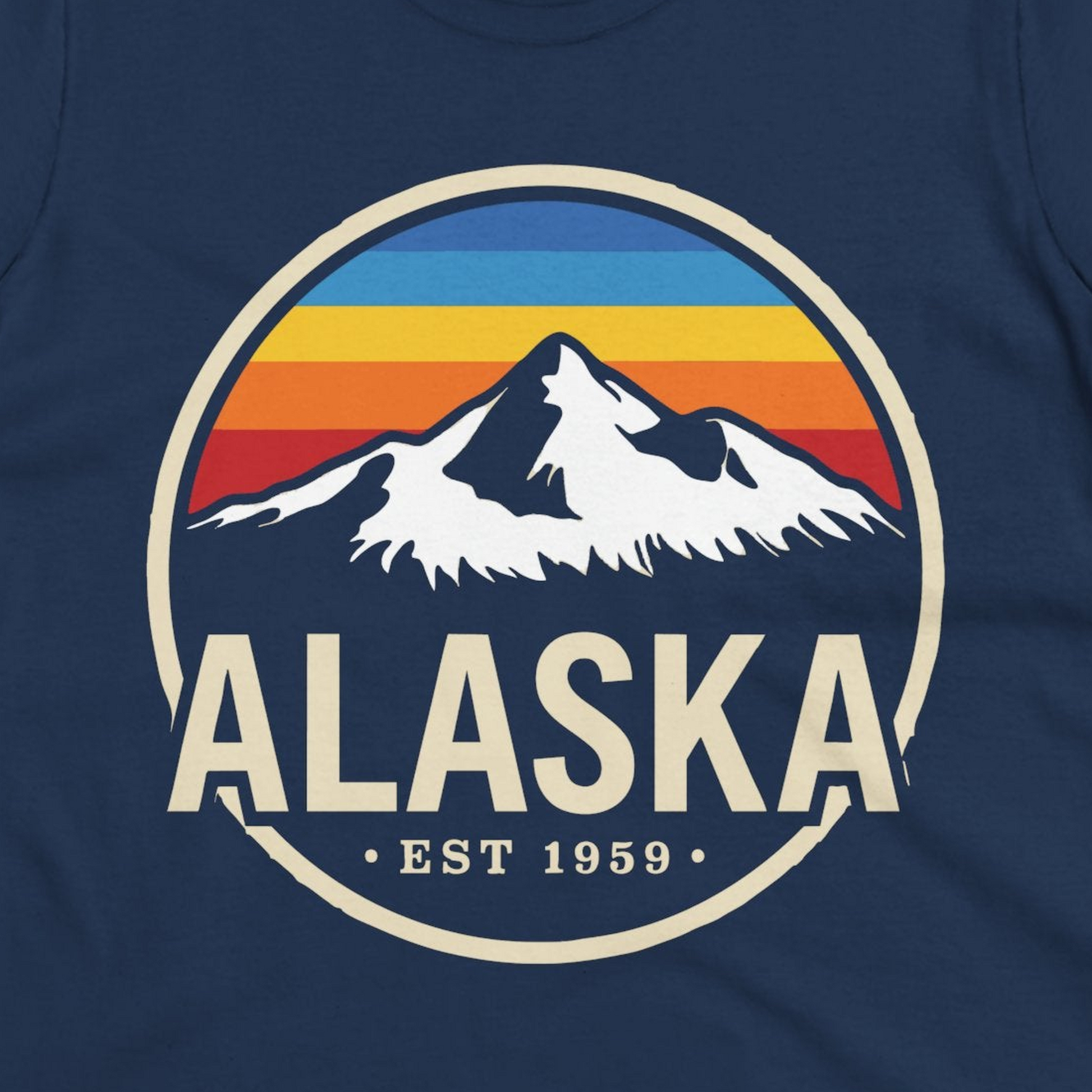 Alaska Vintage Mountain Sunset Shirt Ladies T-Shirt – Navy – Alaska Cruise Shirts Close Up