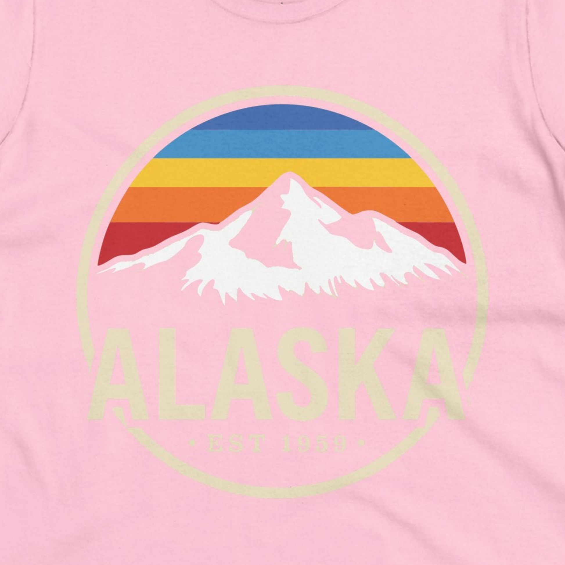 Alaska Vintage Mountain Sunset Shirt Ladies T-Shirt – Light Pink – Alaska Cruise Shirts Close Up