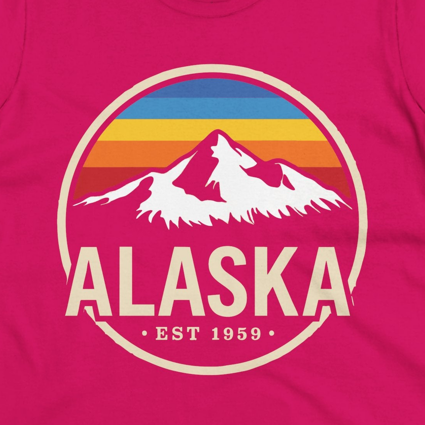 Alaska Vintage Mountain Sunset Shirt Ladies T-Shirt – Heliconia – Alaska Cruise Shirts Close Up