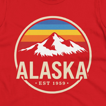 Alaska Vintage Mountain Sunset Shirt Ladies T-Shirt – Red – Alaska Cruise Shirts Close Up