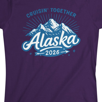 Alaska Cruise Mountains Adventure Shirt Ladies T-Shirt – Purple – Alaska Cruise Shirts Close Up