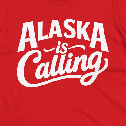 Alaska Is Calling Shirt Ladies T-Shirt – Red – Alaska Cruise Shirts Close Up