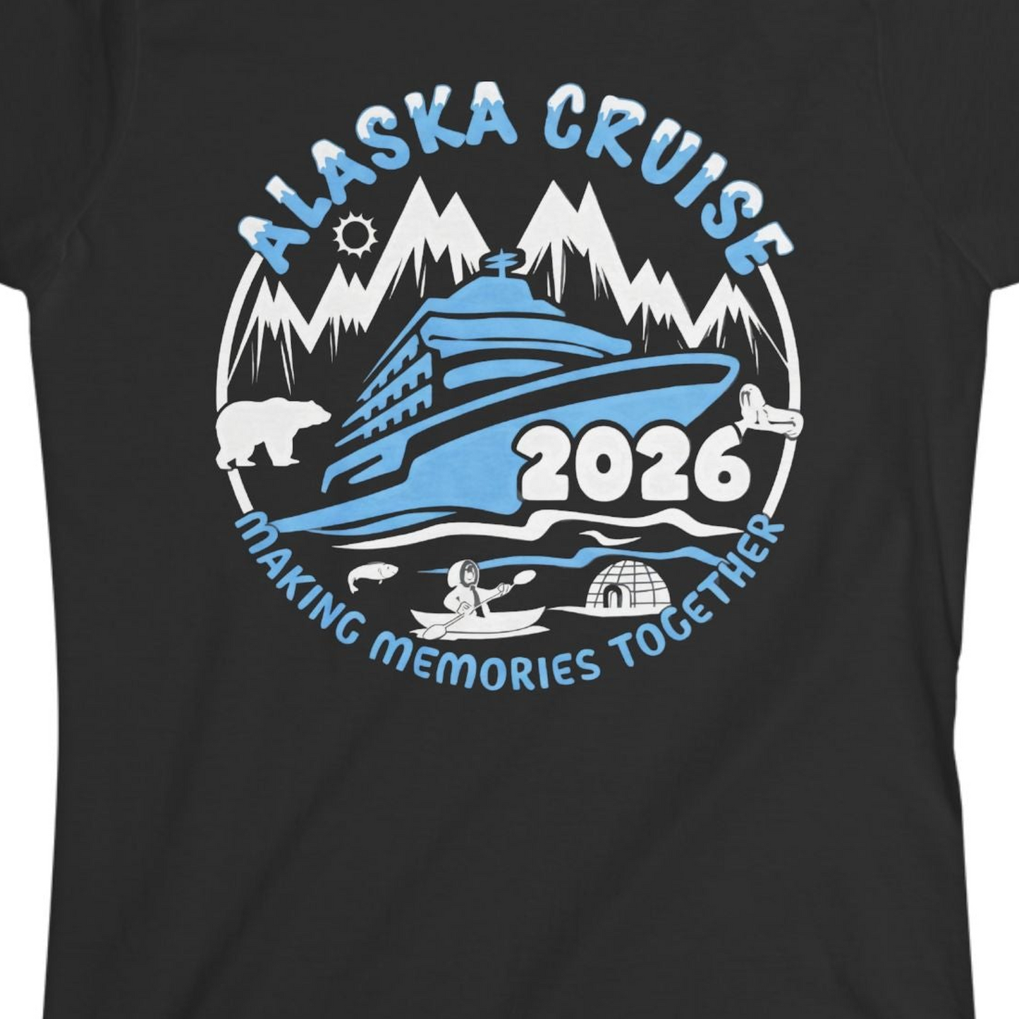 Alaska Cruise 2026 Family Adventure Shirt with Wildlife and Nature — Ladies Tee Ladies T-Shirt – Black – Alaska Cruise Shirts Close Up