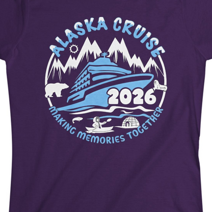 Alaska Cruise 2026 Family Adventure Shirt with Wildlife and Nature — Ladies Tee Ladies T-Shirt – Purple – Alaska Cruise Shirts Close Up