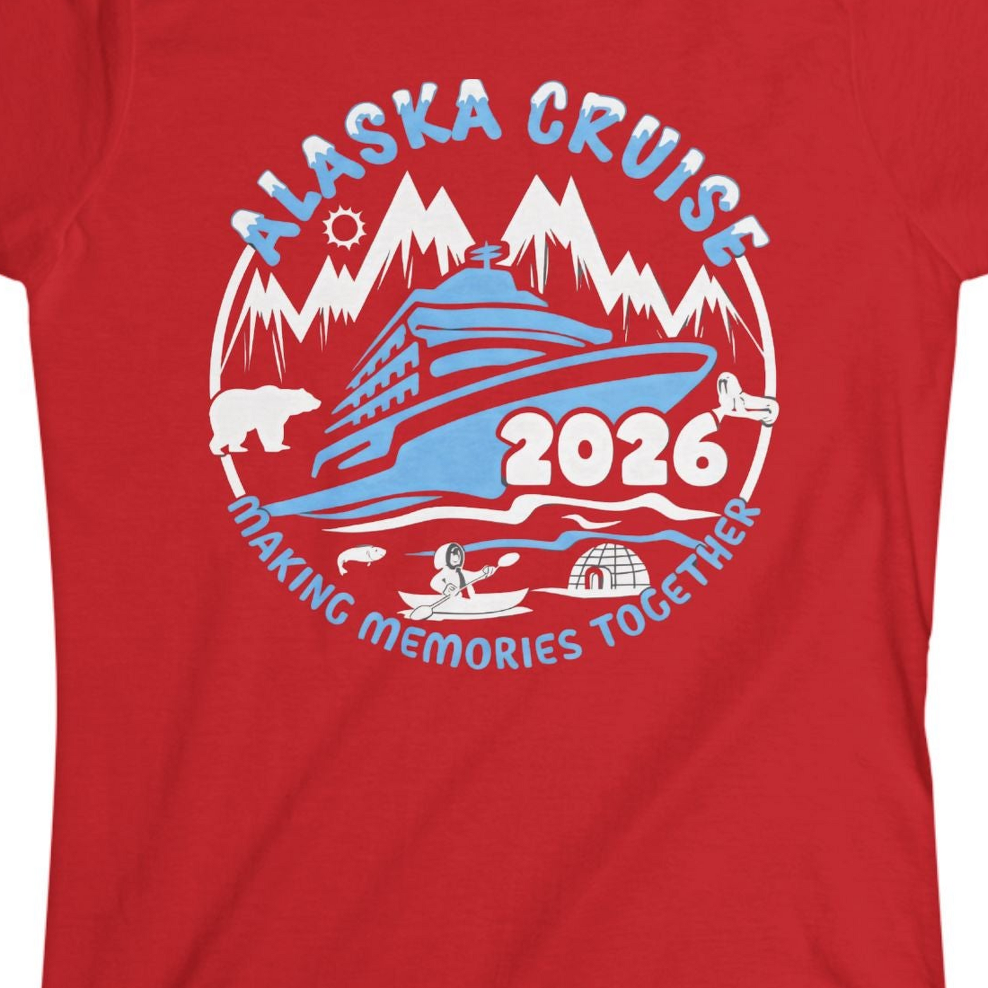 Alaska Cruise 2026 Family Adventure Shirt with Wildlife and Nature — Ladies Tee Ladies T-Shirt – Red – Alaska Cruise Shirts Close Up