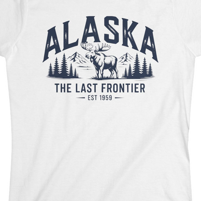 Alaska The Last Frontier Moose Mountain Wilderness Graphic Shirt — Ladies Tee Ladies T-Shirt – White – Alaska Cruise Shirts Close Up
