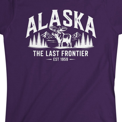 Alaska The Last Frontier Moose Mountain Wilderness Graphic Shirt — Ladies Tee Ladies T-Shirt – Purple – Alaska Cruise Shirts Close Up