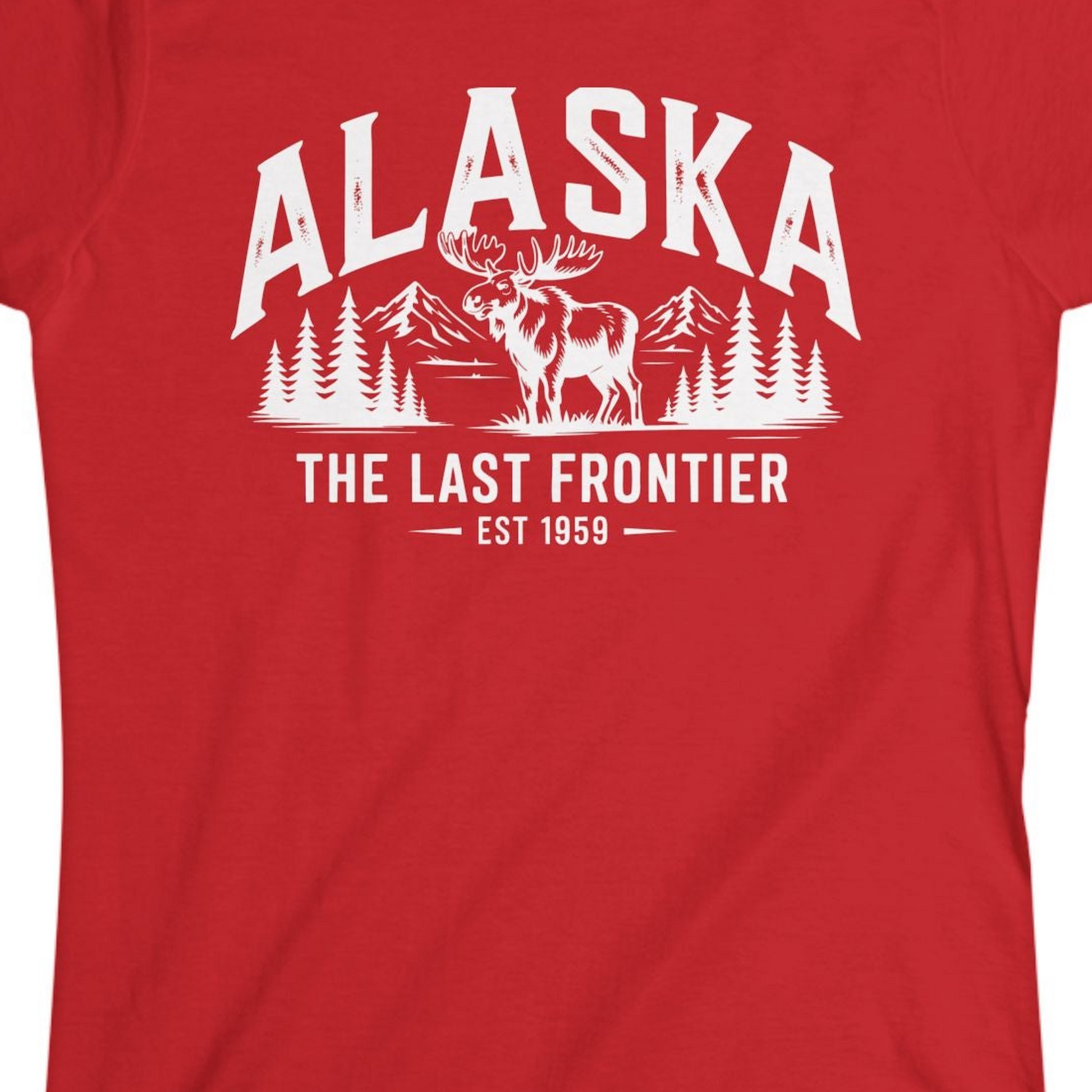 Alaska The Last Frontier Moose Mountain Wilderness Graphic Shirt — Ladies Tee Ladies T-Shirt – Red – Alaska Cruise Shirts Close Up