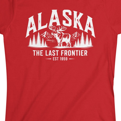 Alaska The Last Frontier Moose Mountain Wilderness Graphic Shirt — Ladies Tee Ladies T-Shirt – Red – Alaska Cruise Shirts Close Up
