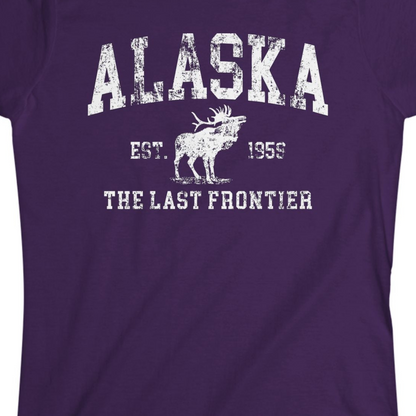 Vintage Alaska Moose Shirt Ladies T-Shirt – Purple – Alaska Cruise Shirts Close Up