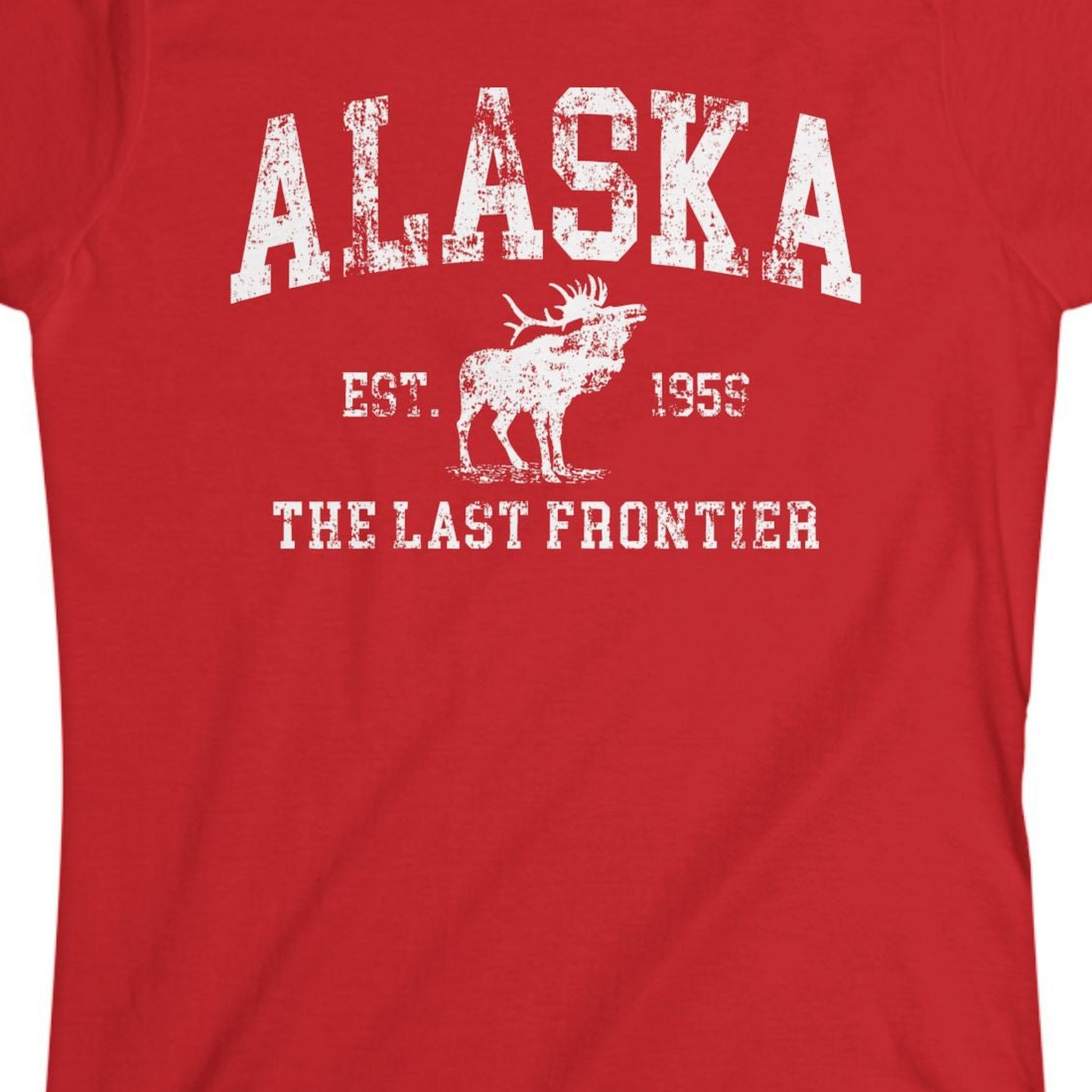 Vintage Alaska Moose Shirt Ladies T-Shirt – Red – Alaska Cruise Shirts Close Up