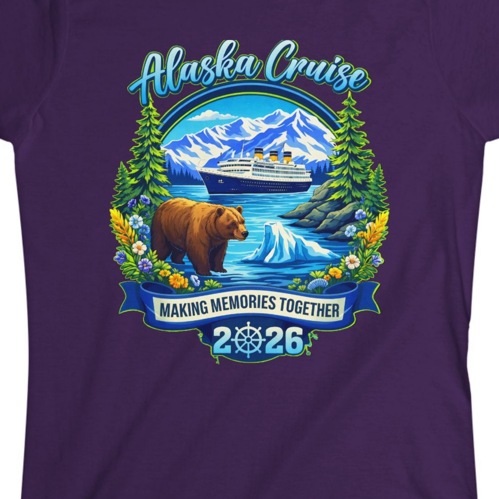 Alaska Cruise 2026 Family Shirt Ladies T-Shirt – Purple – Alaska Cruise Shirts Close Up