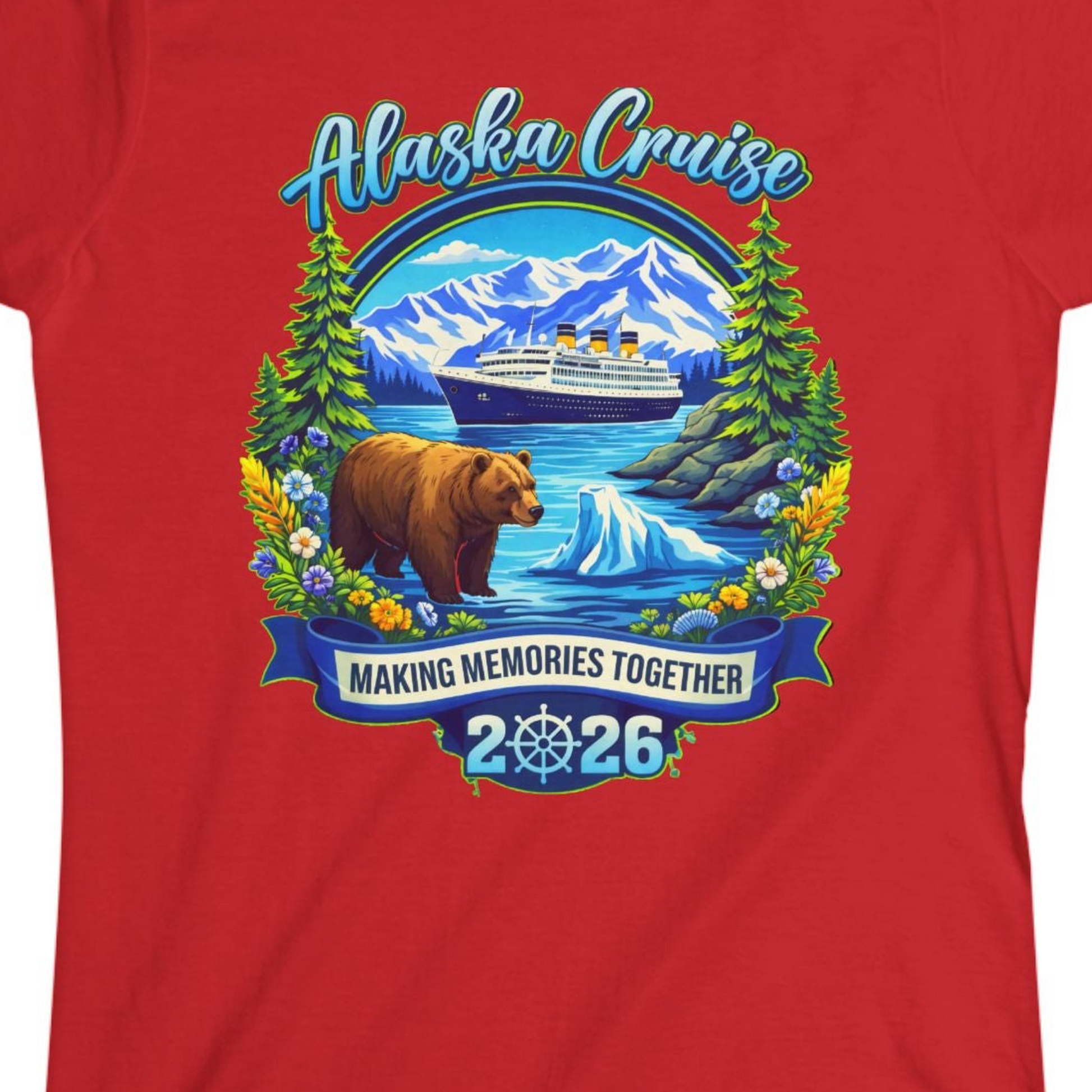 Alaska Cruise 2026 Family Shirt Ladies T-Shirt – Red – Alaska Cruise Shirts Close Up