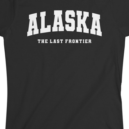 Alaska The Last Frontier Bold Collegiate Vintage State Pride Shirt — Ladies Tee Ladies T-Shirt – Black – Alaska Cruise Shirts Close Up