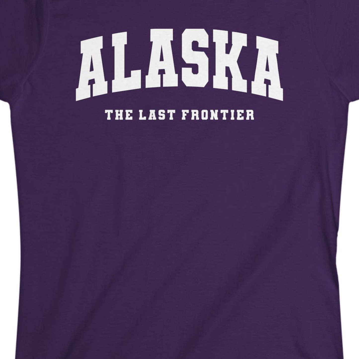 Alaska The Last Frontier Bold Collegiate Vintage State Pride Shirt — Ladies Tee Ladies T-Shirt – Purple – Alaska Cruise Shirts Close Up