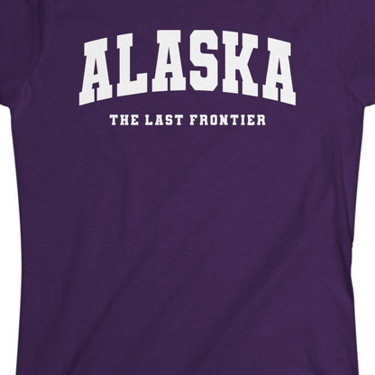 Alaska The Last Frontier Bold Collegiate Vintage State Pride Shirt — Ladies Tee Ladies T-Shirt – Purple – Alaska Cruise Shirts Close Up