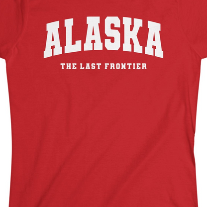 Alaska The Last Frontier Bold Collegiate Vintage State Pride Shirt — Ladies Tee Ladies T-Shirt – Red – Alaska Cruise Shirts Close Up