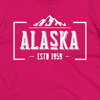 Alaska Mountain Vintage Shirt Ladies T-Shirt – Heliconia – Alaska Cruise Shirts Close Up
