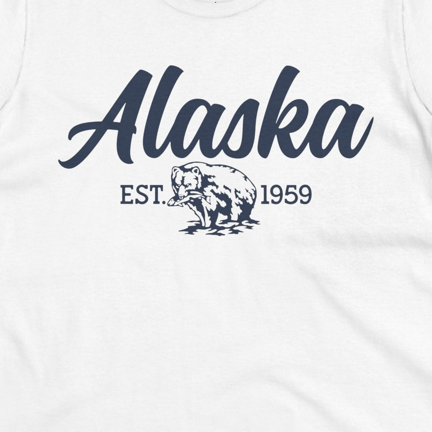 Alaska Bear Est 1959 Vintage Wildlife Graphic Monochrome Shirt — Ladies Tee Ladies T-Shirt – White – Alaska Cruise Shirts Close Up