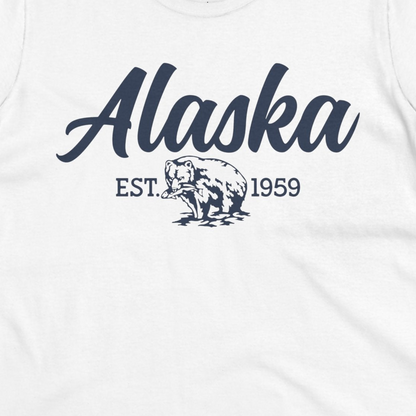 Alaska Bear Est 1959 Vintage Wildlife Graphic Monochrome Shirt — Ladies Tee Ladies T-Shirt – White – Alaska Cruise Shirts Close Up