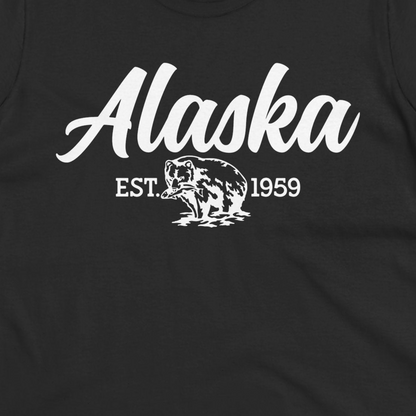 Alaska Bear Est 1959 Vintage Wildlife Graphic Monochrome Shirt — Ladies Tee Ladies T-Shirt – Black – Alaska Cruise Shirts Close Up