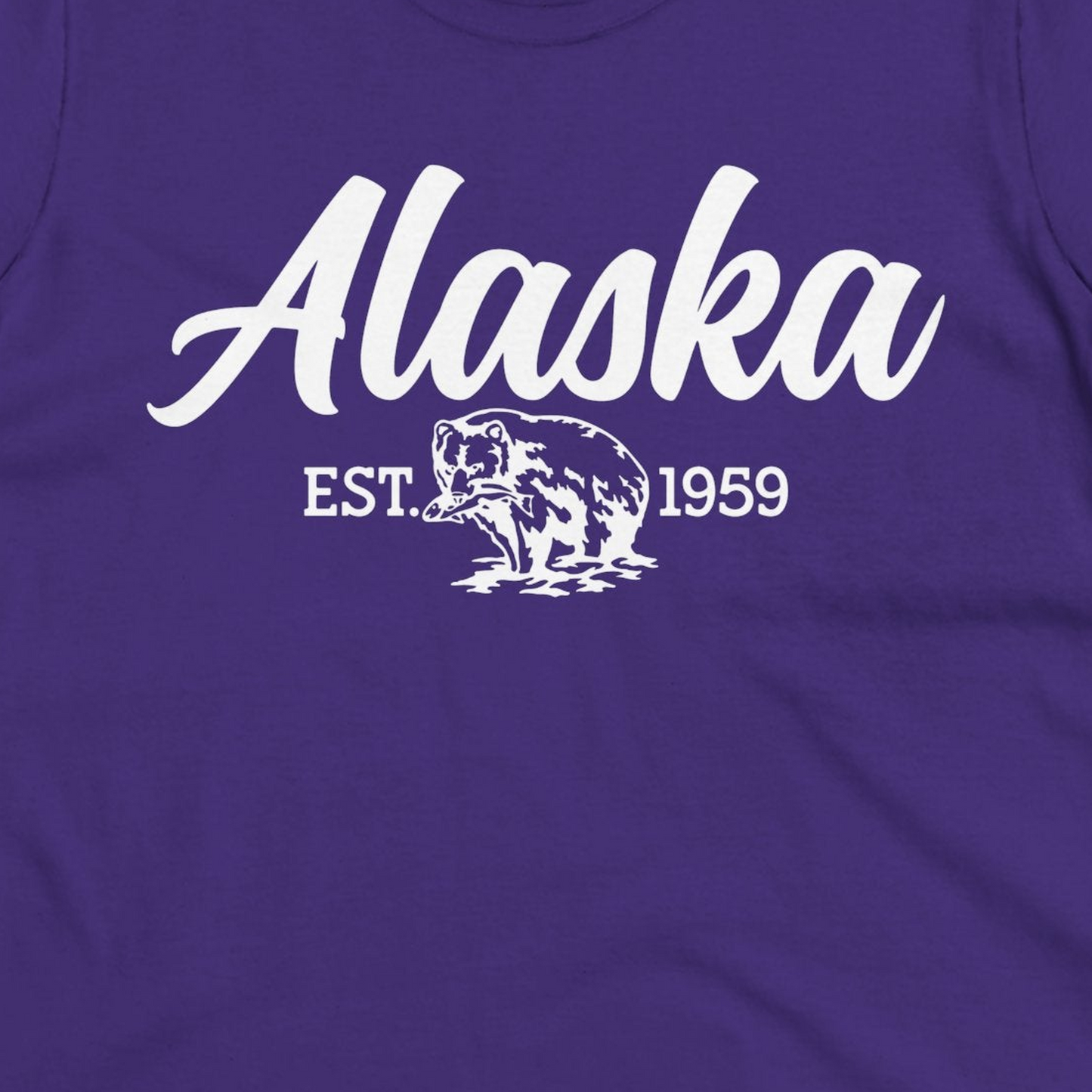 Alaska Bear Est 1959 Vintage Wildlife Graphic Monochrome Shirt — Ladies Tee Ladies T-Shirt – Purple – Alaska Cruise Shirts Close Up