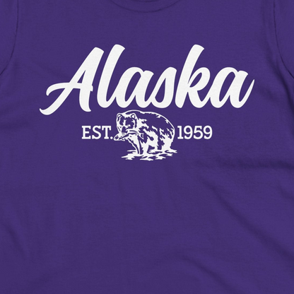 Alaska Bear Est 1959 Vintage Wildlife Graphic Monochrome Shirt — Ladies Tee Ladies T-Shirt – Purple – Alaska Cruise Shirts Close Up