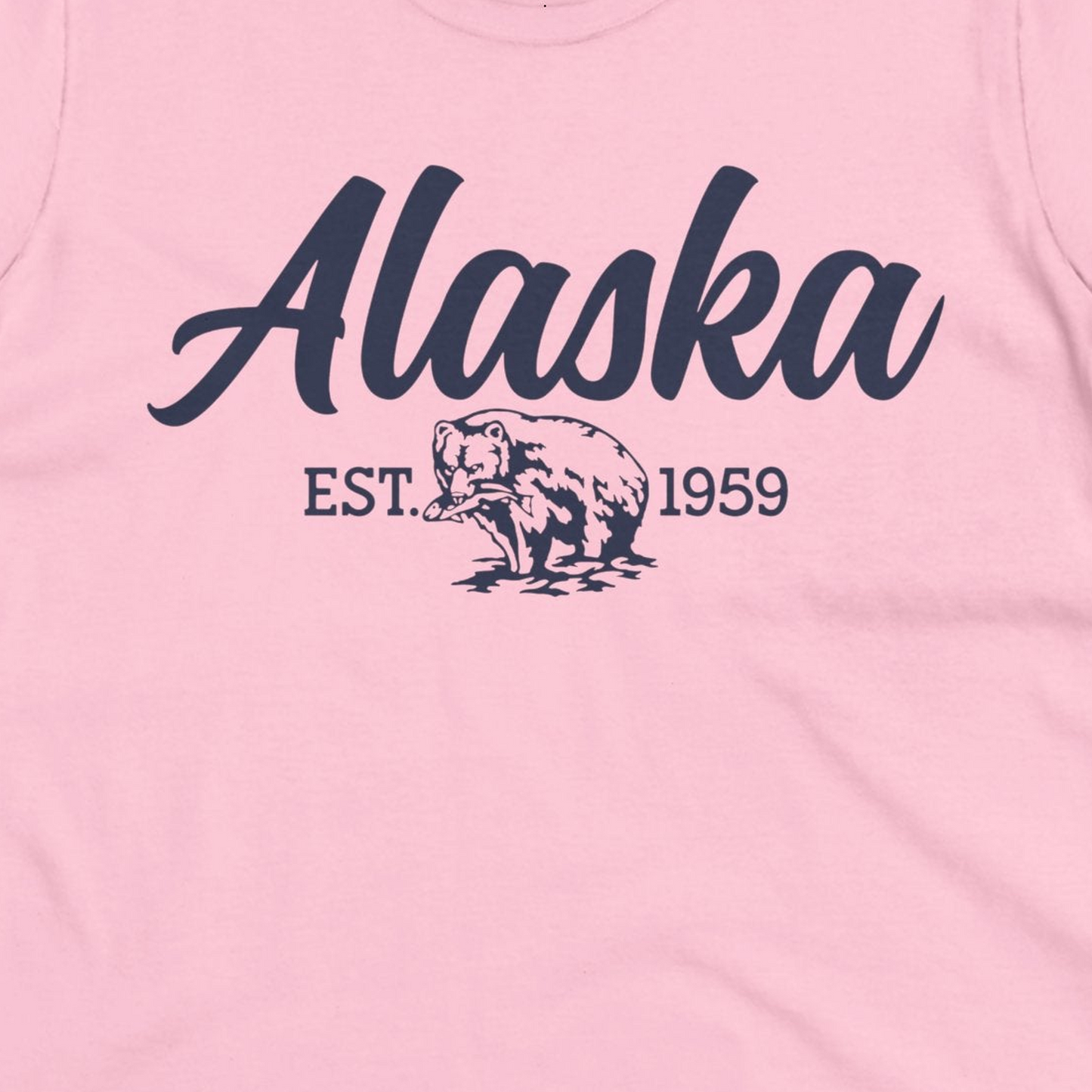 Alaska Bear Est 1959 Vintage Wildlife Graphic Monochrome Shirt — Ladies Tee Ladies T-Shirt – Light Pink – Alaska Cruise Shirts Close Up