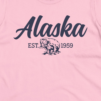 Alaska Bear Est 1959 Vintage Wildlife Graphic Monochrome Shirt — Ladies Tee Ladies T-Shirt – Light Pink – Alaska Cruise Shirts Close Up