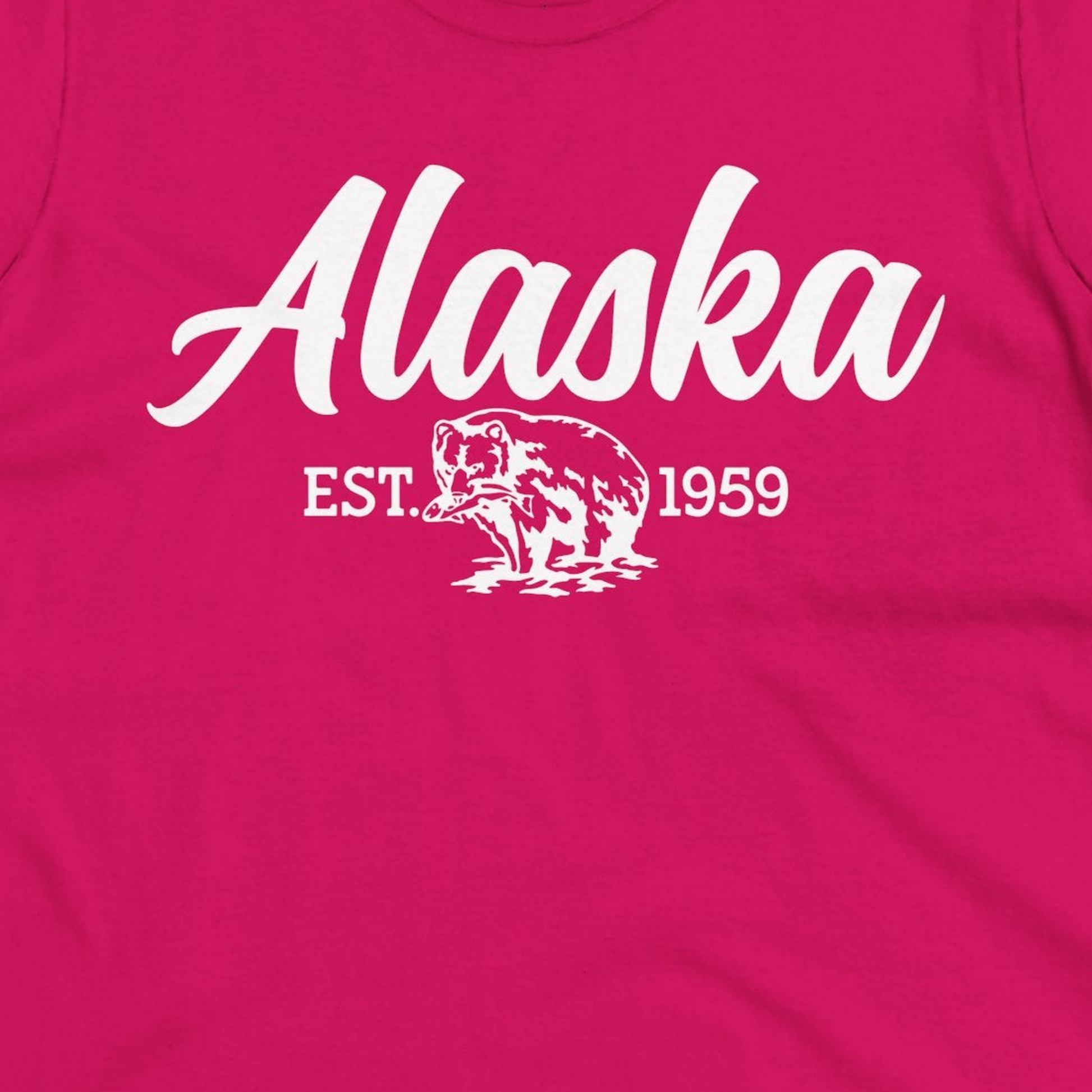 Alaska Bear Est 1959 Vintage Wildlife Graphic Monochrome Shirt — Ladies Tee Ladies T-Shirt – Heliconia – Alaska Cruise Shirts Close Up