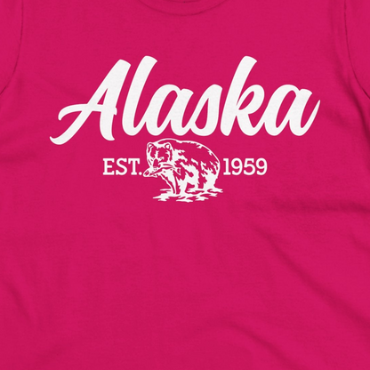 Alaska Bear Est 1959 Vintage Wildlife Graphic Monochrome Shirt — Ladies Tee Ladies T-Shirt – Heliconia – Alaska Cruise Shirts Close Up