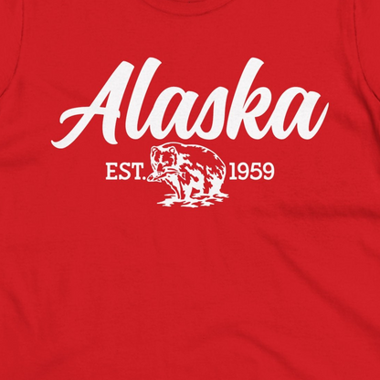 Alaska Bear Est 1959 Vintage Wildlife Graphic Monochrome Shirt — Ladies Tee Ladies T-Shirt – Red – Alaska Cruise Shirts Close Up